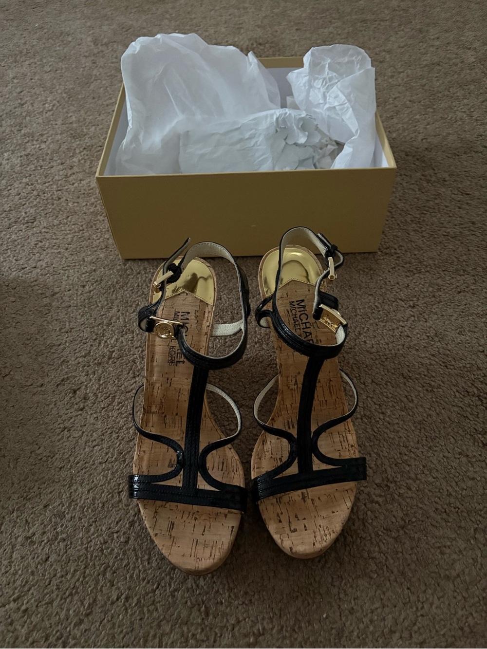 MICHAEL Michael Kors Black Cork T-Strap Wedge Sandals